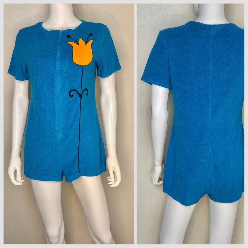 Vintage 1960s Aqua Terrycloth Romper, Orange Floral Appliqué, Size M/L, Zip Up